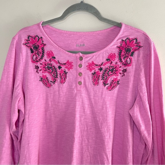 BLAIR Embroidered Cotton 3/4-Sleeve Henley, Large - Picture 2 of 10